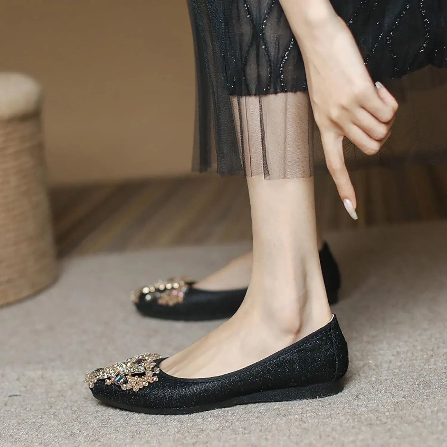 Women Ballet Flats Rhinestone Wedding Ballerina Shoes Foldable Sparkly Comfort Slip on Flat Shoes