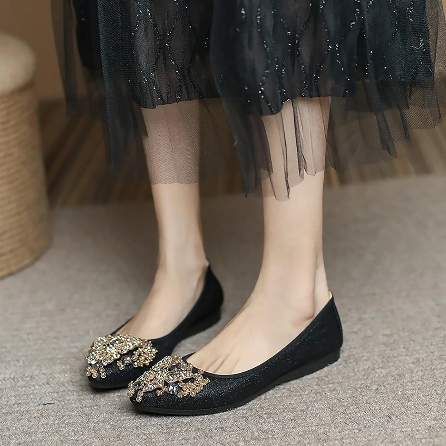 Women Ballet Flats Rhinestone Wedding Ballerina Shoes Foldable Sparkly Comfort Slip on Flat Shoes