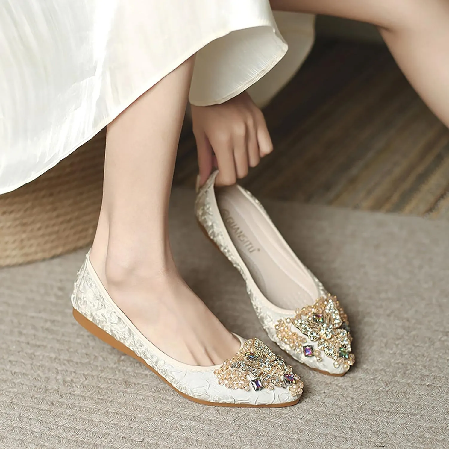 Women Ballet Flats Rhinestone Wedding Ballerina Shoes Foldable Sparkly Comfort Slip on Flat Shoes
