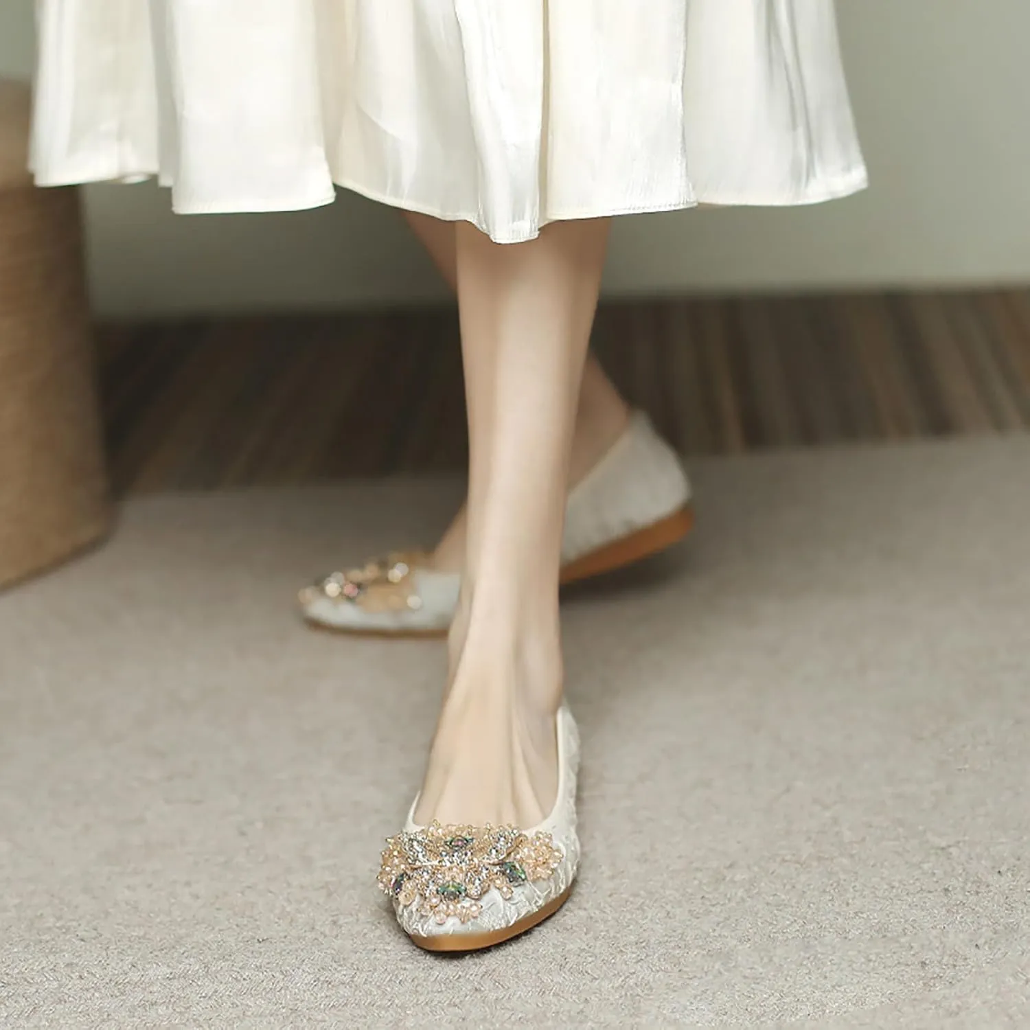 Women Ballet Flats Rhinestone Wedding Ballerina Shoes Foldable Sparkly Comfort Slip on Flat Shoes