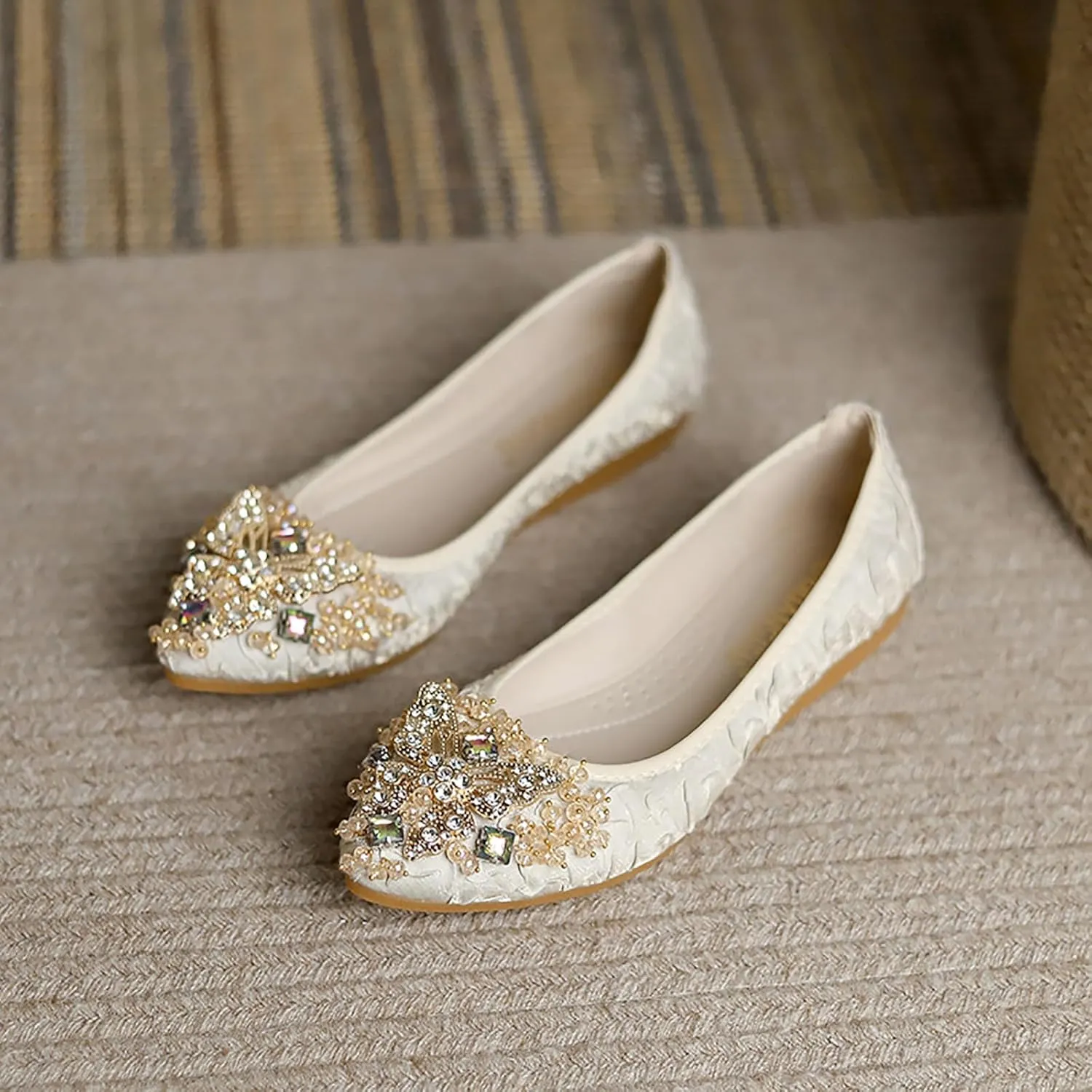 Women Ballet Flats Rhinestone Wedding Ballerina Shoes Foldable Sparkly Comfort Slip on Flat Shoes