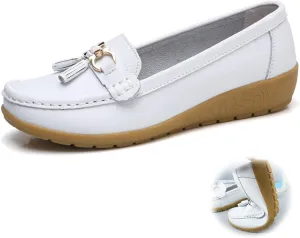 Women Loafers Soft Cow Leather Slip On Moccasin Boat Shoes Hand Sewn Soft Bottom Non-Slip Wedge Mother Fashion Dress Shoe