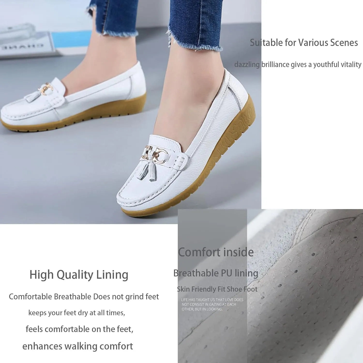 Women Loafers Soft Cow Leather Slip On Moccasin Boat Shoes Hand Sewn Soft Bottom Non-Slip Wedge Mother Fashion Dress Shoe