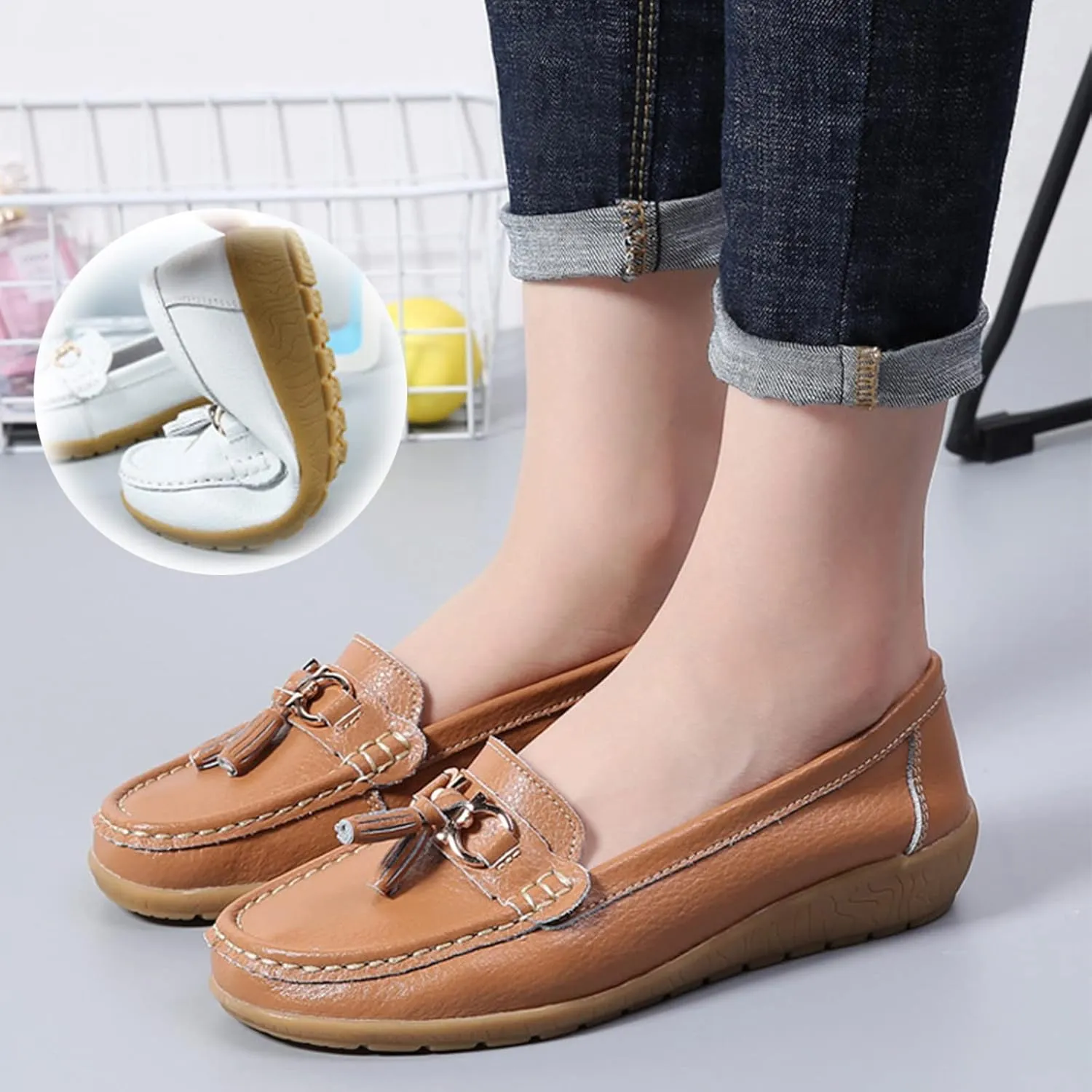 Women Loafers Soft Cow Leather Slip On Moccasin Boat Shoes Hand Sewn Soft Bottom Non-Slip Wedge Mother Fashion Dress Shoe