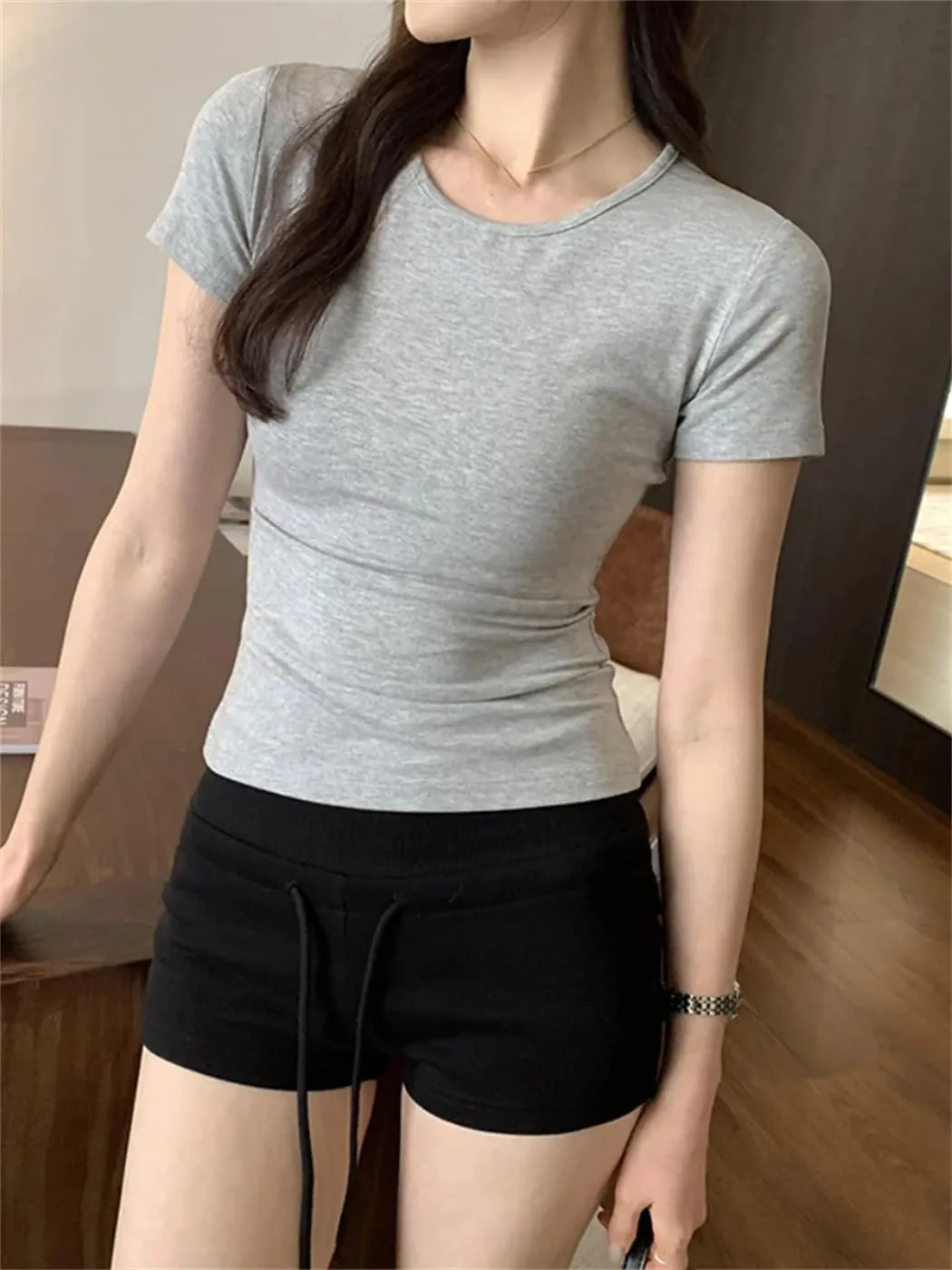 Women O- Neck Solid Basic T-Shirts Female Korean Style Casual Tops Short Sleeve Sexy Slim Tees