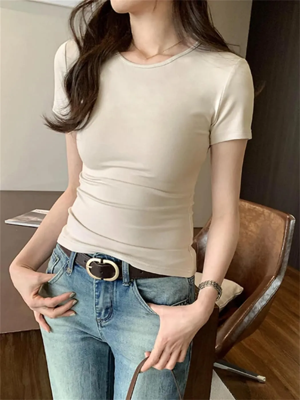 Women O- Neck Solid Basic T-Shirts Female Korean Style Casual Tops Short Sleeve Sexy Slim Tees