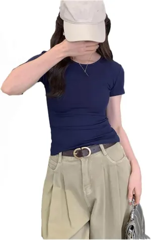 Women O- Neck Solid Basic T-Shirts Female Korean Style Casual Tops Short Sleeve Sexy Slim Tees