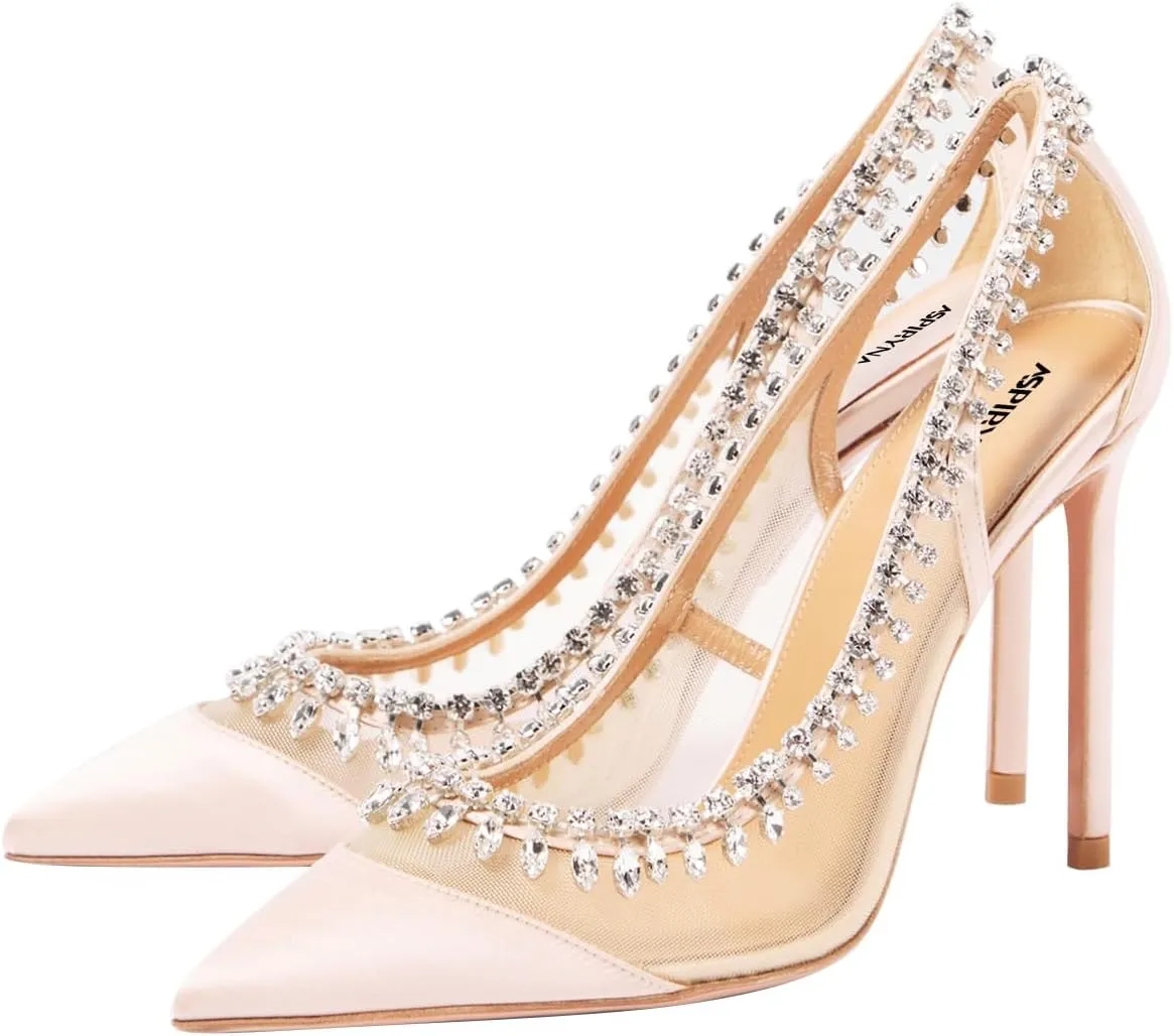 Women Pointed Cap Toe Gorgeous Rhinestone Studded Pumps Slip on Stiletto High Heel Mesh Sandals Wedding Cocktail Dressy Shoes Size 4-16 US