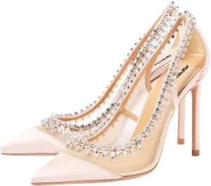 Women Pointed Cap Toe Gorgeous Rhinestone Studded Pumps Slip on Stiletto High Heel Mesh Sandals Wedding Cocktail Dressy Shoes Size 4-16 US