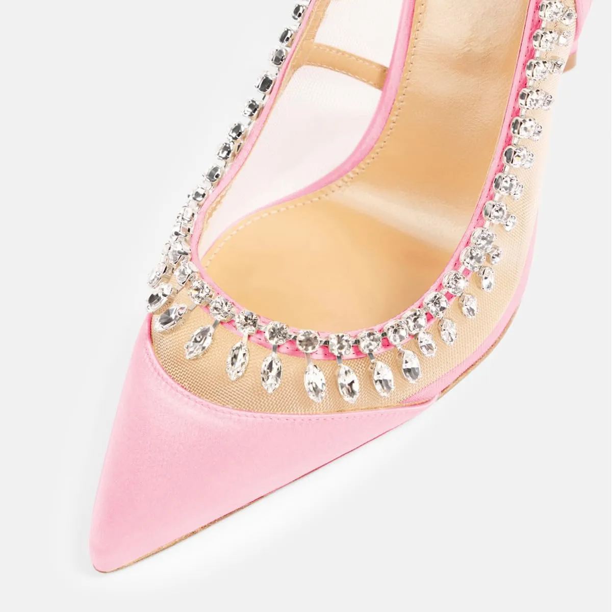 Women Pointed Cap Toe Gorgeous Rhinestone Studded Pumps Slip on Stiletto High Heel Mesh Sandals Wedding Cocktail Dressy Shoes Size 4-16 US