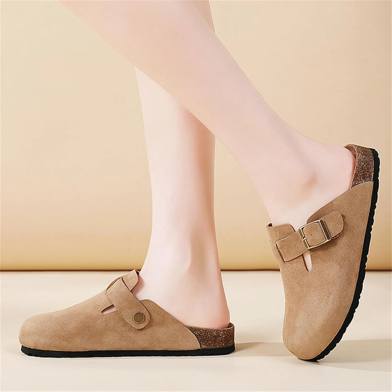 Women Suede Soft Leather Clogs Classic Cork Clog Antislip Slippers Waterproof Mules House Sandals Buckle with Arch Support