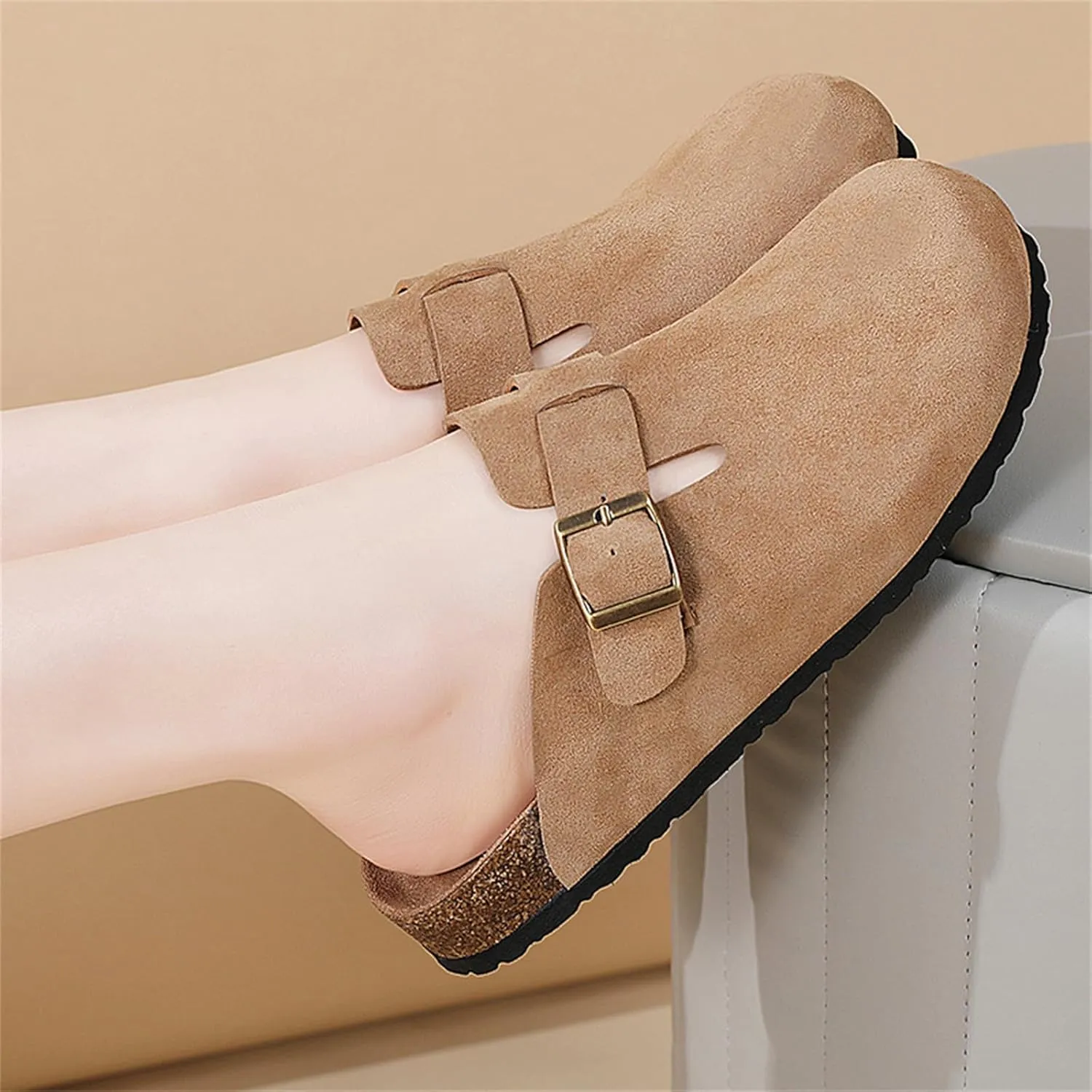 Women Suede Soft Leather Clogs Classic Cork Clog Antislip Slippers Waterproof Mules House Sandals Buckle with Arch Support