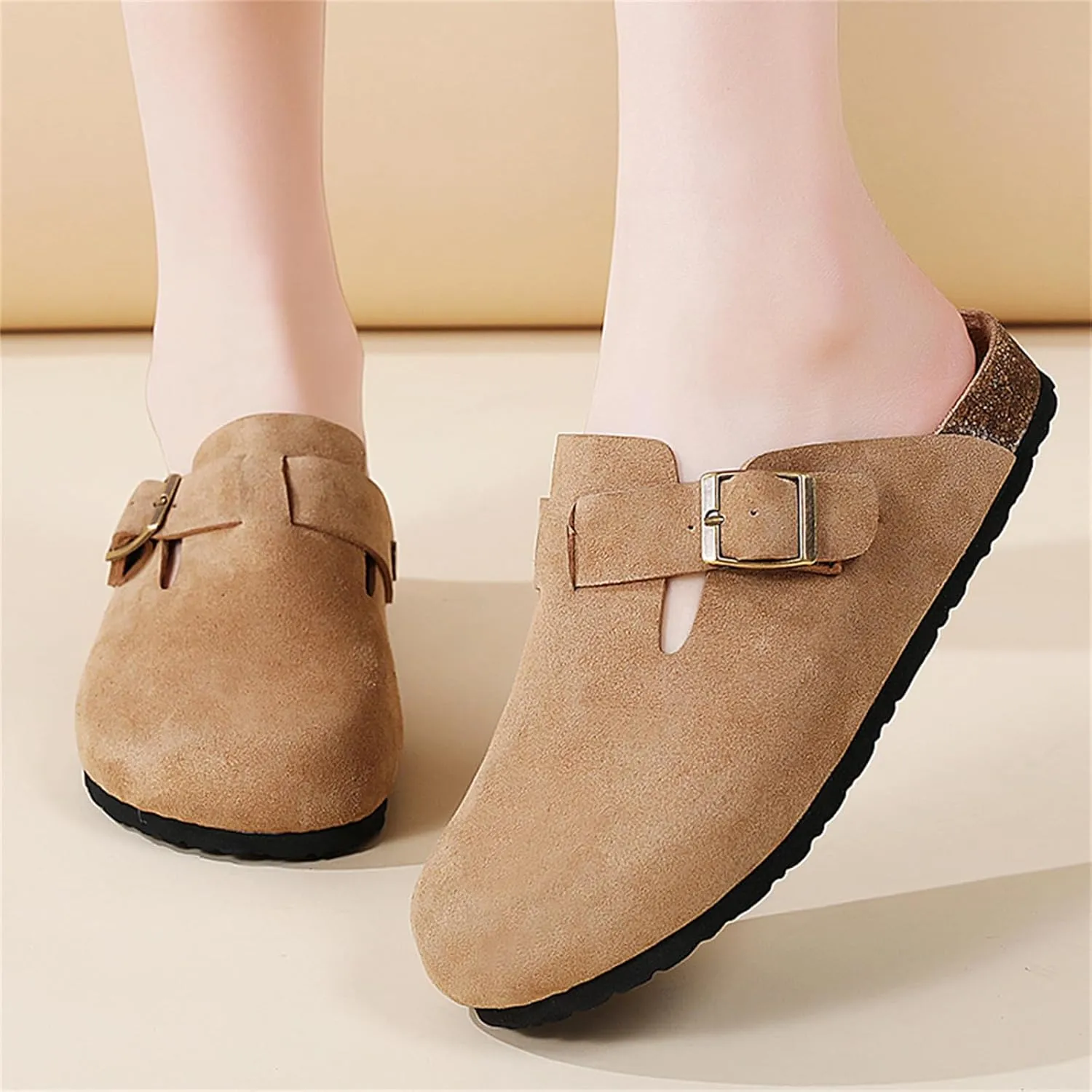 Women Suede Soft Leather Clogs Classic Cork Clog Antislip Slippers Waterproof Mules House Sandals Buckle with Arch Support