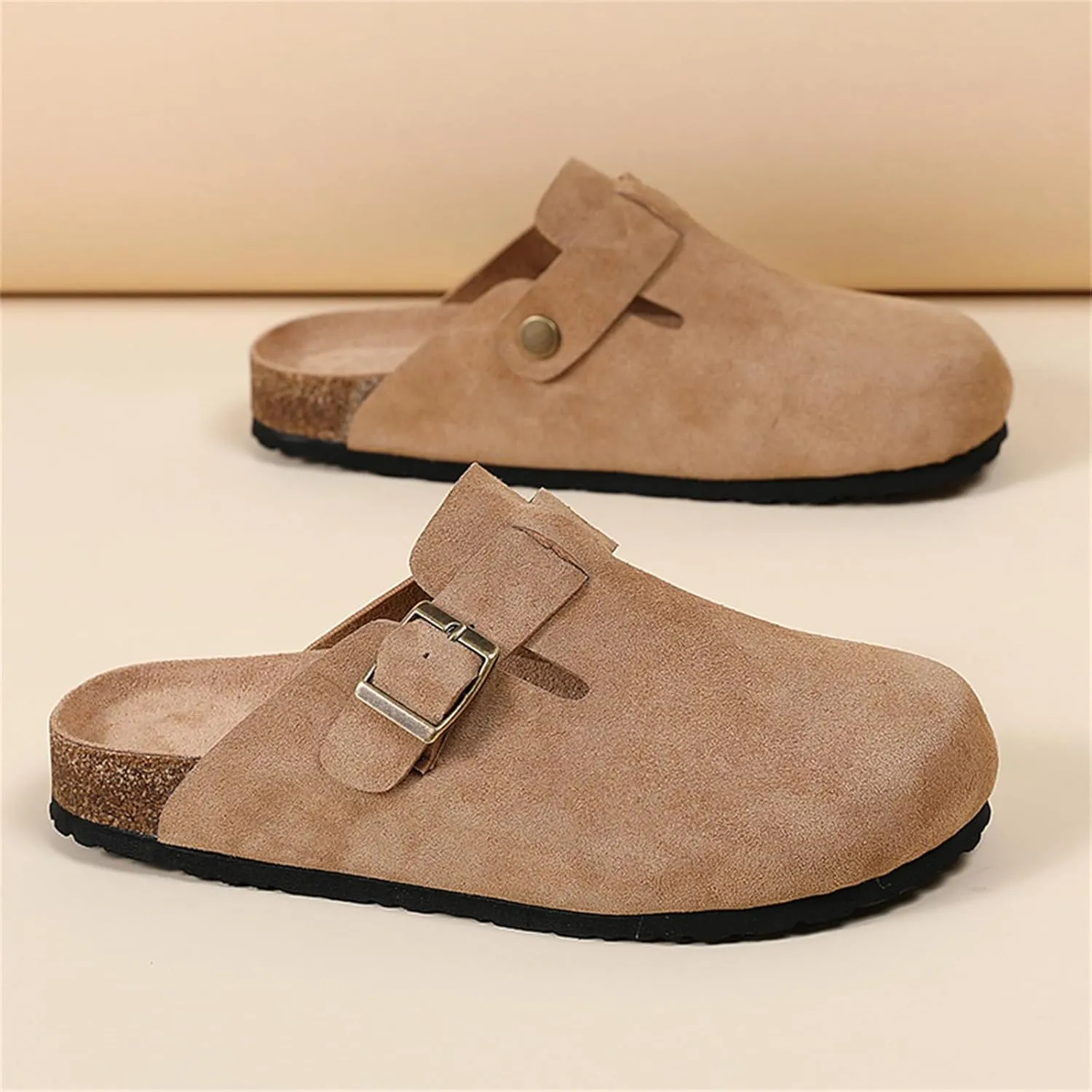 Women Suede Soft Leather Clogs Classic Cork Clog Antislip Slippers Waterproof Mules House Sandals Buckle with Arch Support
