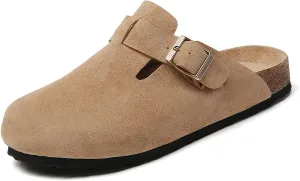 Women Suede Soft Leather Clogs Classic Cork Clog Antislip Slippers Waterproof Mules House Sandals Buckle with Arch Support