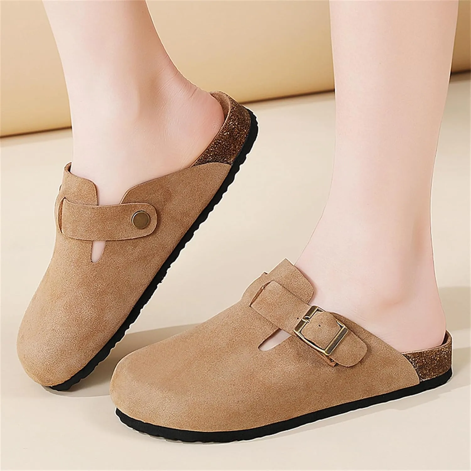 Women Suede Soft Leather Clogs Classic Cork Clog Antislip Slippers Waterproof Mules House Sandals Buckle with Arch Support