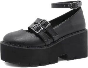 Women Wedge Platform Chunky Double Ankle Strap Mary Janes with Adjustable Ankle Strap Comfort Round Toe Block Heel Anti-Slip Lug Sole Gothic Lolita Cosplay Pumps for Party Prom Date
