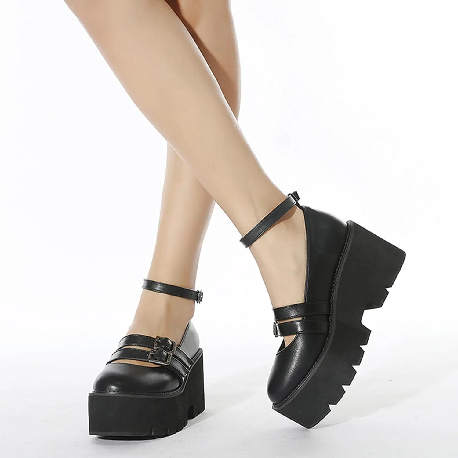 Women Wedge Platform Chunky Double Ankle Strap Mary Janes with Adjustable Ankle Strap Comfort Round Toe Block Heel Anti-Slip Lug Sole Gothic Lolita Cosplay Pumps for Party Prom Date