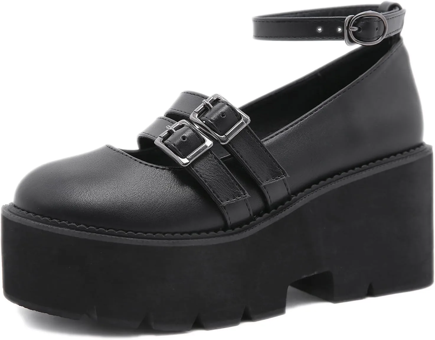 Women Wedge Platform Chunky Double Ankle Strap Mary Janes with Adjustable Ankle Strap Comfort Round Toe Block Heel Anti-Slip Lug Sole Gothic Lolita Cosplay Pumps for Party Prom Date