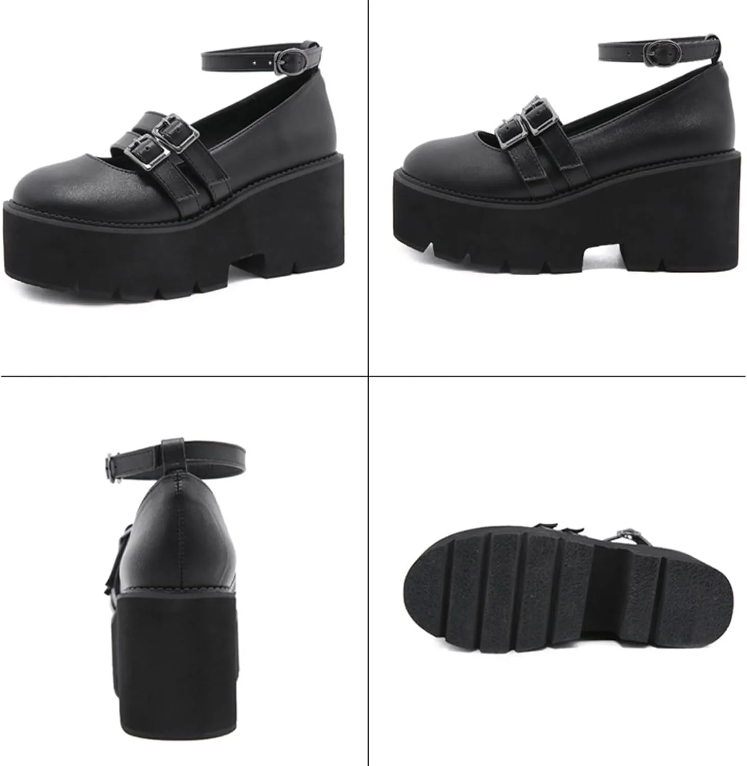 Women Wedge Platform Chunky Double Ankle Strap Mary Janes with Adjustable Ankle Strap Comfort Round Toe Block Heel Anti-Slip Lug Sole Gothic Lolita Cosplay Pumps for Party Prom Date
