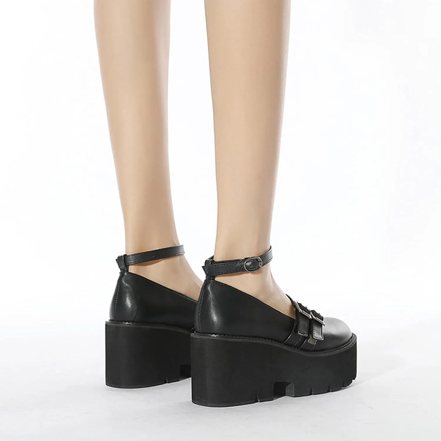 Women Wedge Platform Chunky Double Ankle Strap Mary Janes with Adjustable Ankle Strap Comfort Round Toe Block Heel Anti-Slip Lug Sole Gothic Lolita Cosplay Pumps for Party Prom Date