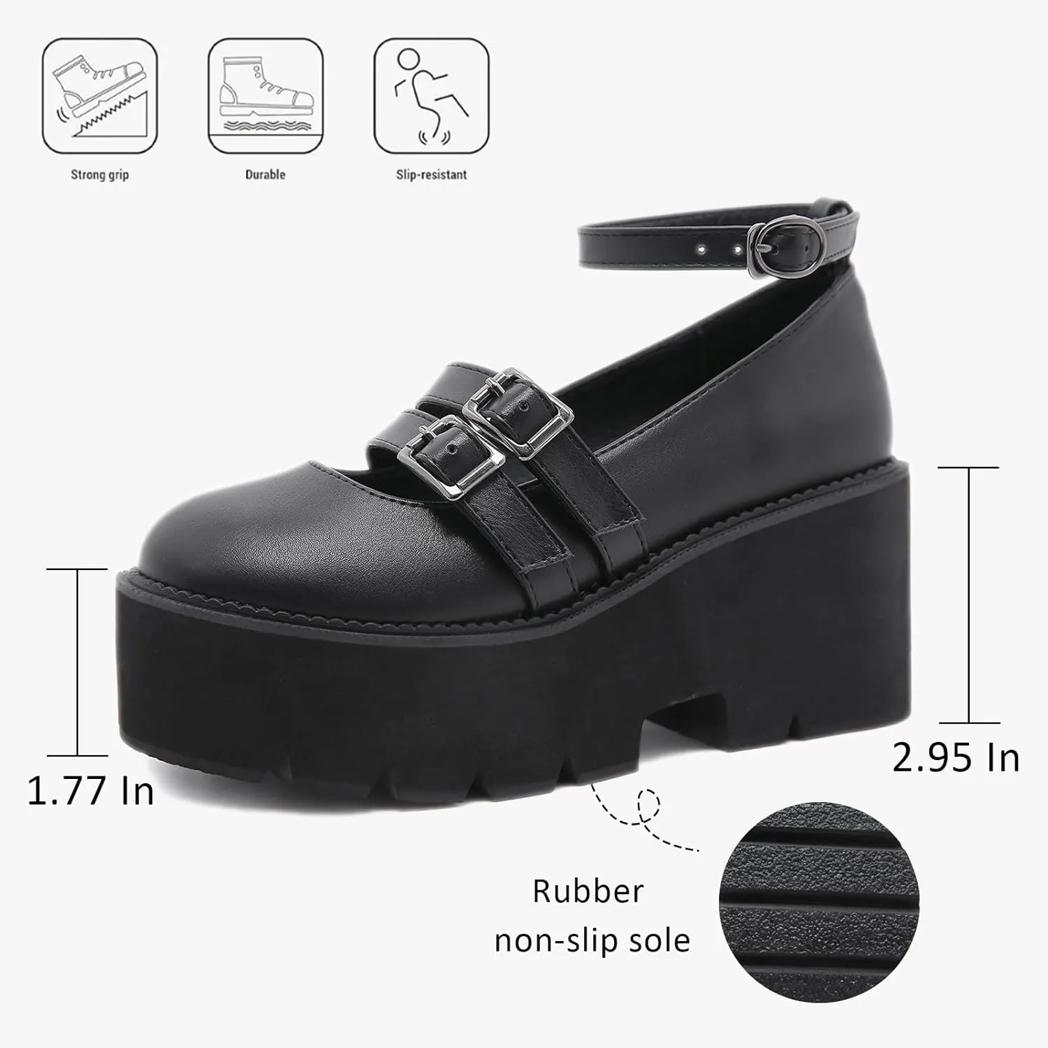 Women Wedge Platform Chunky Double Ankle Strap Mary Janes with Adjustable Ankle Strap Comfort Round Toe Block Heel Anti-Slip Lug Sole Gothic Lolita Cosplay Pumps for Party Prom Date