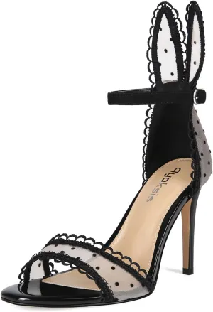 Women's Ankle Strap Bunny Ear Lace High Heels Sandals Open Toe Stiletto Party Wedding Dress Sandals Summer Pump Shoes