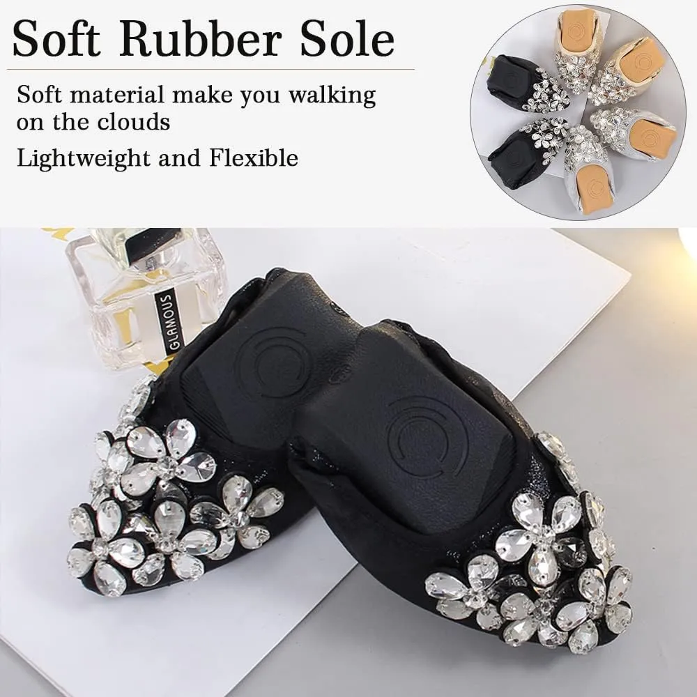 Women's Ballet Flats Foldable Casual Sparkly Rhinestone Wedding Ballerina Shoes Comfort Slip on Walking Flat Shoes