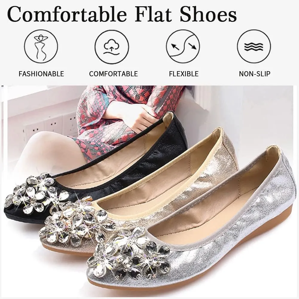 Women's Ballet Flats Foldable Casual Sparkly Rhinestone Wedding Ballerina Shoes Comfort Slip on Walking Flat Shoes
