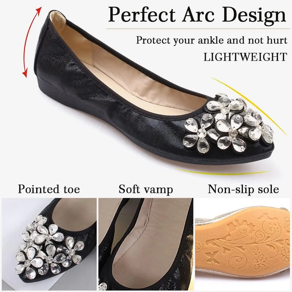 Women's Ballet Flats Foldable Casual Sparkly Rhinestone Wedding Ballerina Shoes Comfort Slip on Walking Flat Shoes