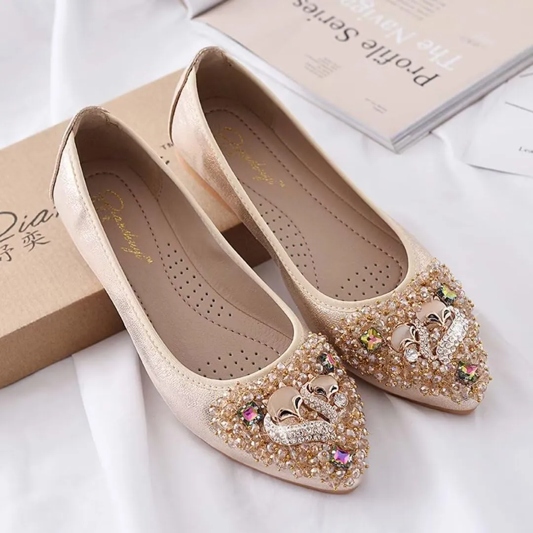 Womens Ballet Flats Foldable Rhinestone Pointed Toe Comfortable Slip on Wedding Flat Shoes Dress Flats for Women