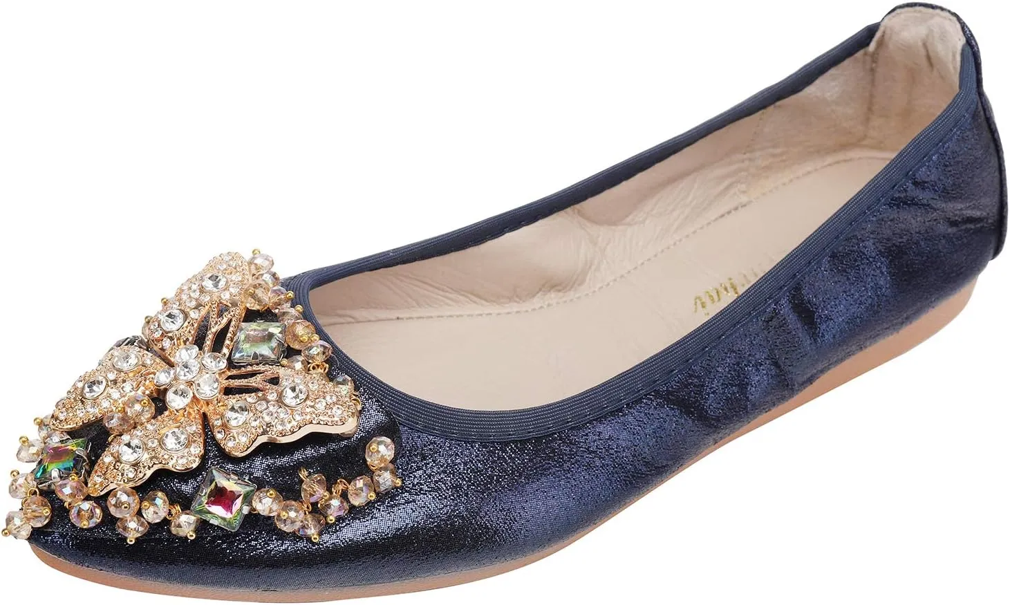 Womens Ballet Flats Foldable Rhinestone Pointed Toe Comfortable Slip on Wedding Flat Shoes Dress Flats for Women