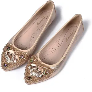 Womens Ballet Flats Foldable Rhinestone Pointed Toe Comfortable Slip on Wedding Flat Shoes Dress Flats for Women
