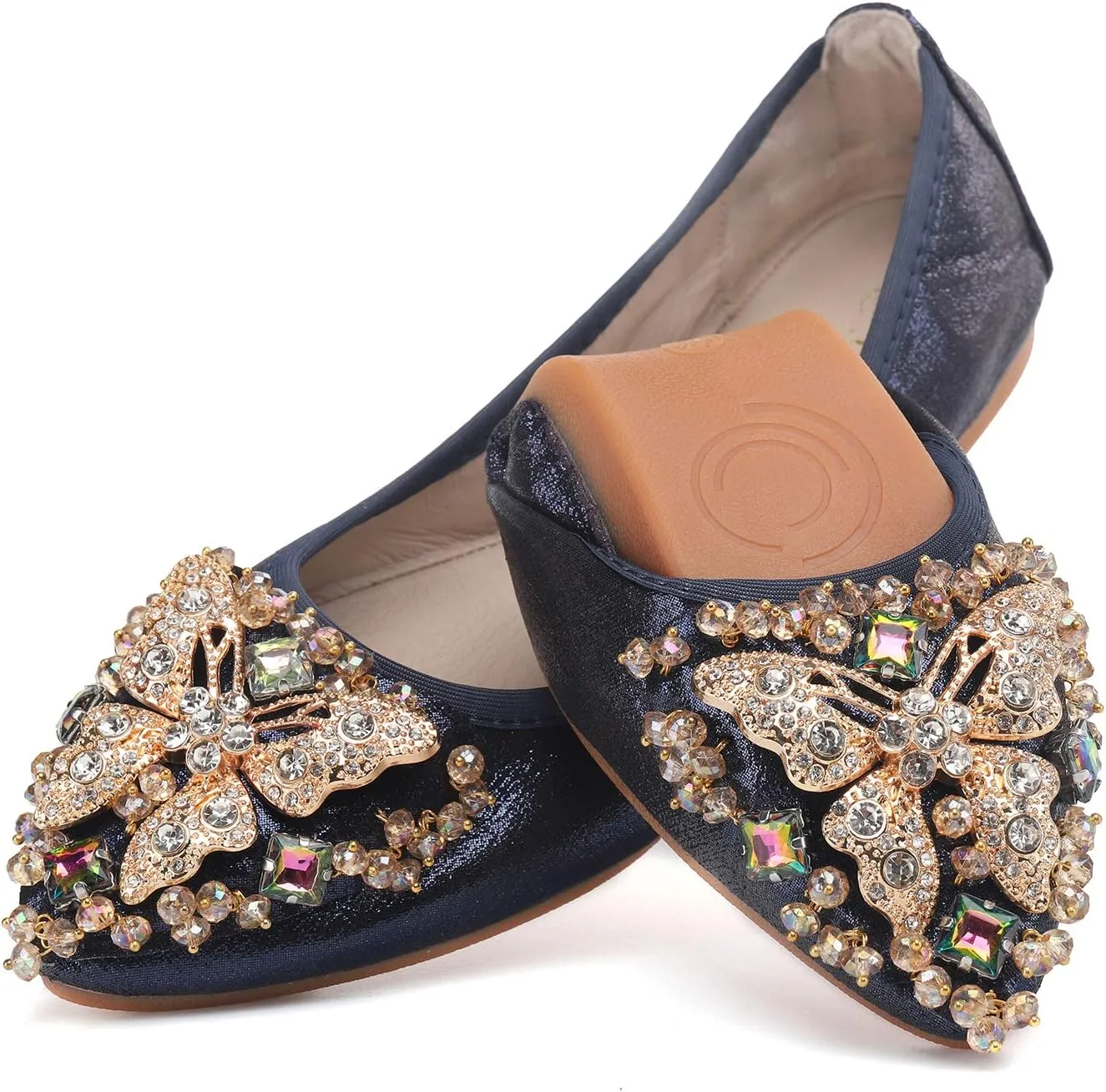 Womens Ballet Flats Foldable Rhinestone Pointed Toe Comfortable Slip on Wedding Flat Shoes Dress Flats for Women