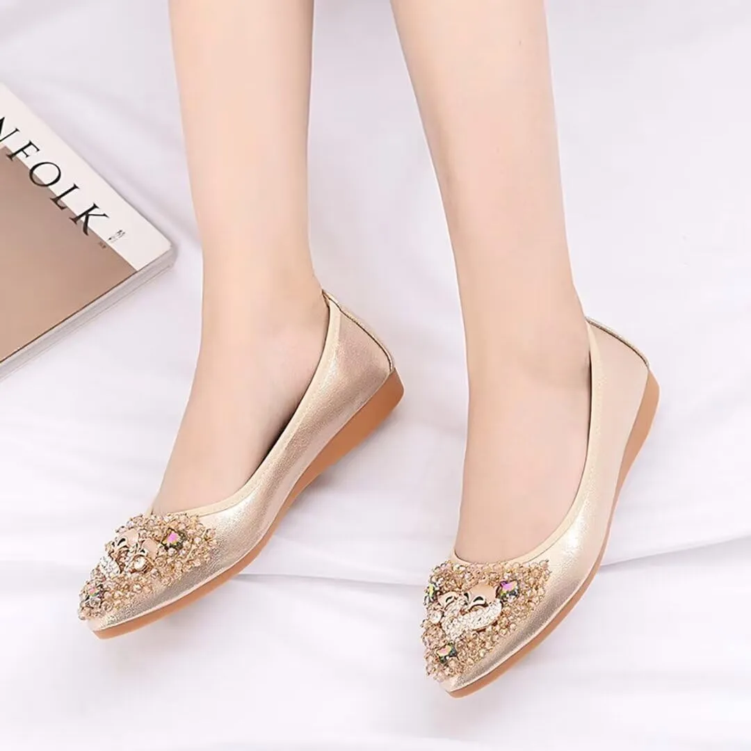 Womens Ballet Flats Foldable Rhinestone Pointed Toe Comfortable Slip on Wedding Flat Shoes Dress Flats for Women