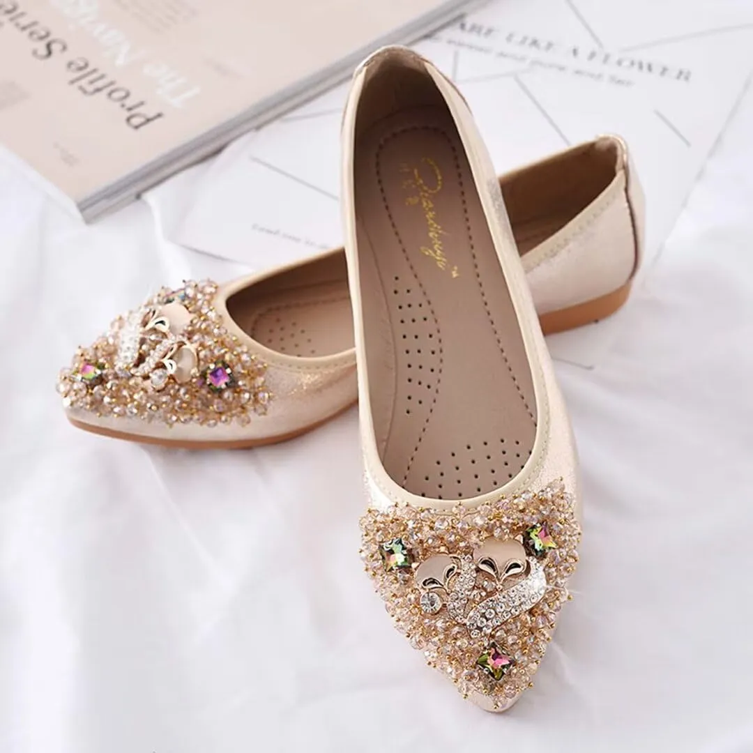 Womens Ballet Flats Foldable Rhinestone Pointed Toe Comfortable Slip on Wedding Flat Shoes Dress Flats for Women