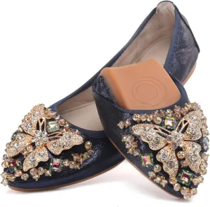 Womens Ballet Flats Foldable Rhinestone Pointed Toe Comfortable Slip on Wedding Flat Shoes Dress Flats for Women