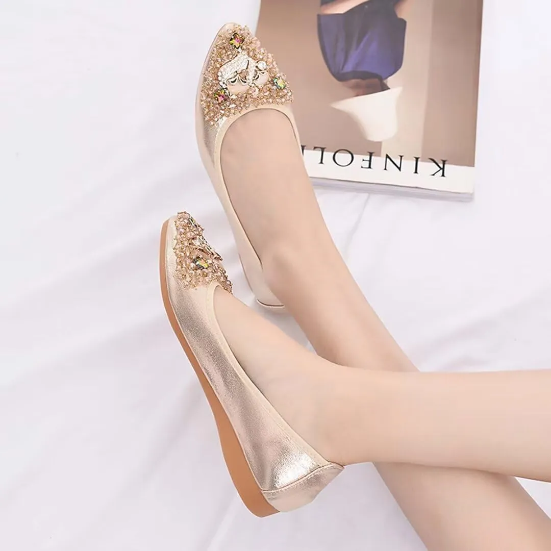Womens Ballet Flats Foldable Rhinestone Pointed Toe Comfortable Slip on Wedding Flat Shoes Dress Flats for Women