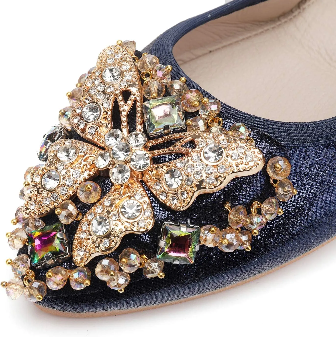 Womens Ballet Flats Foldable Rhinestone Pointed Toe Comfortable Slip on Wedding Flat Shoes Dress Flats for Women