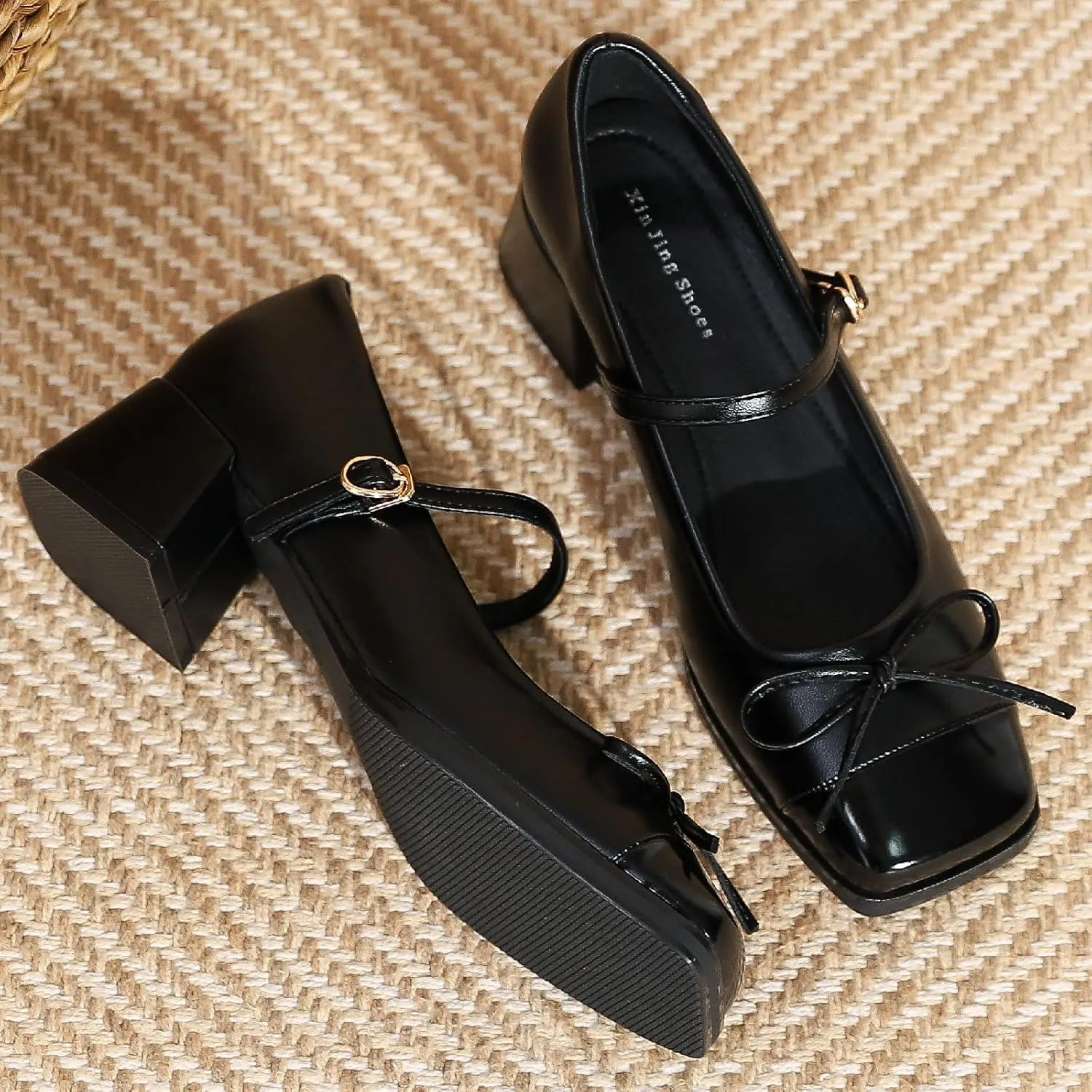 Women's Bow Square Toe Mary Janes Chunky Heel Pumps with Adjust Buckle Strap Fashion Splice Leather Comfortable Closed Toe Mid Heels Dress Shoes for Party Dating Prom Evening