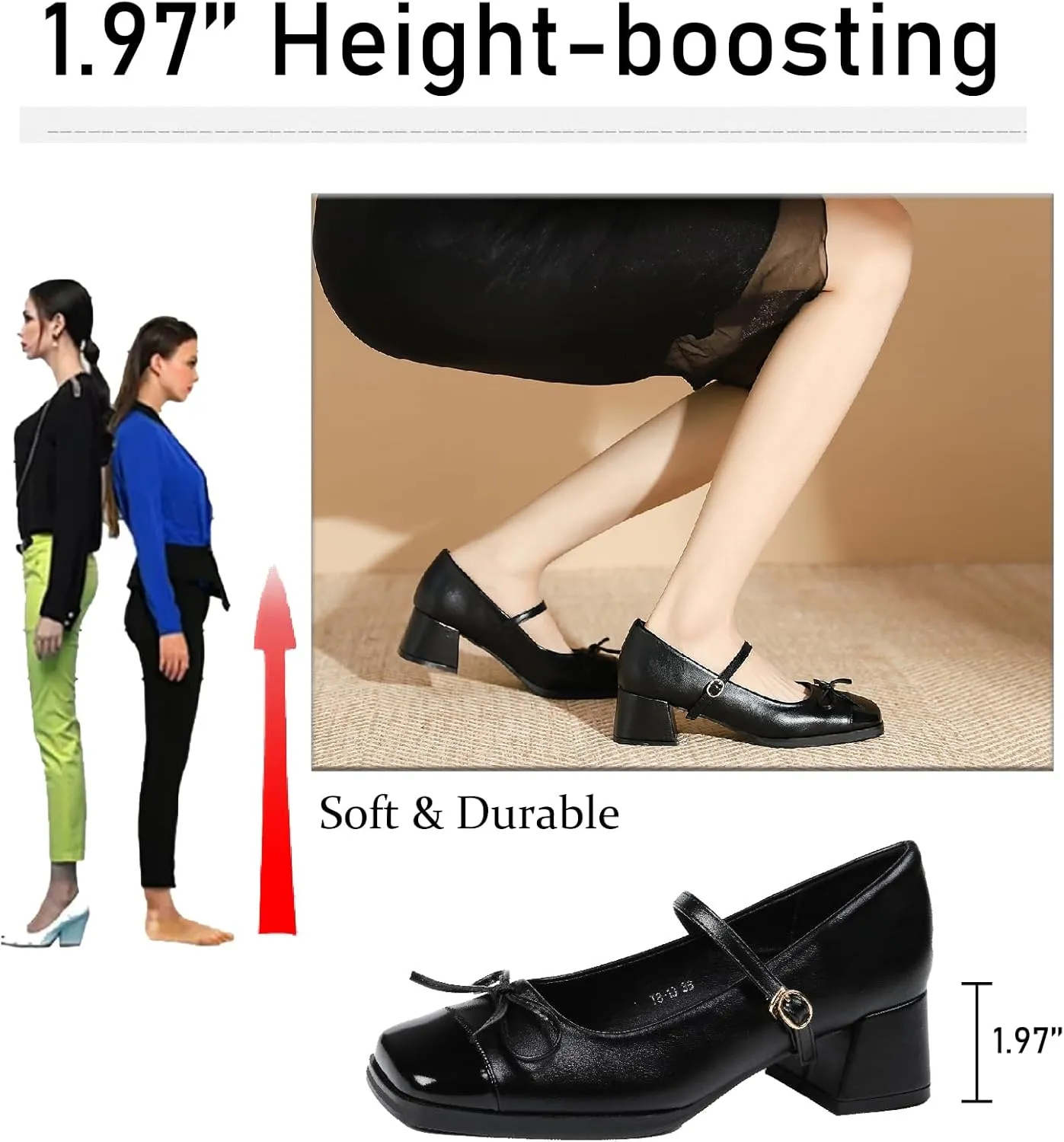 Women's Bow Square Toe Mary Janes Chunky Heel Pumps with Adjust Buckle Strap Fashion Splice Leather Comfortable Closed Toe Mid Heels Dress Shoes for Party Dating Prom Evening