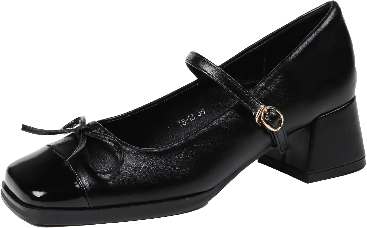 Women's Bow Square Toe Mary Janes Chunky Heel Pumps with Adjust Buckle Strap Fashion Splice Leather Comfortable Closed Toe Mid Heels Dress Shoes for Party Dating Prom Evening
