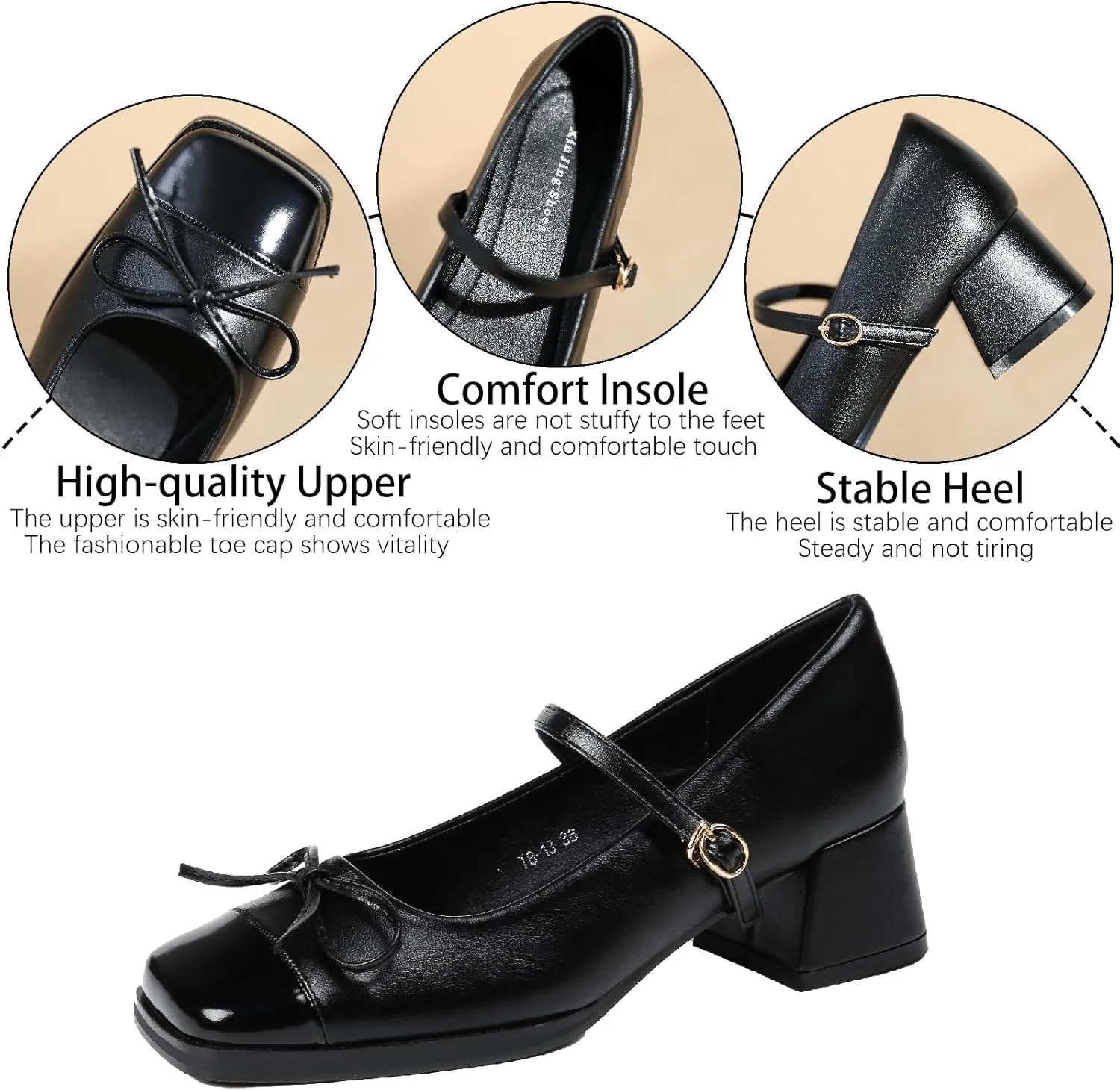 Women's Bow Square Toe Mary Janes Chunky Heel Pumps with Adjust Buckle Strap Fashion Splice Leather Comfortable Closed Toe Mid Heels Dress Shoes for Party Dating Prom Evening