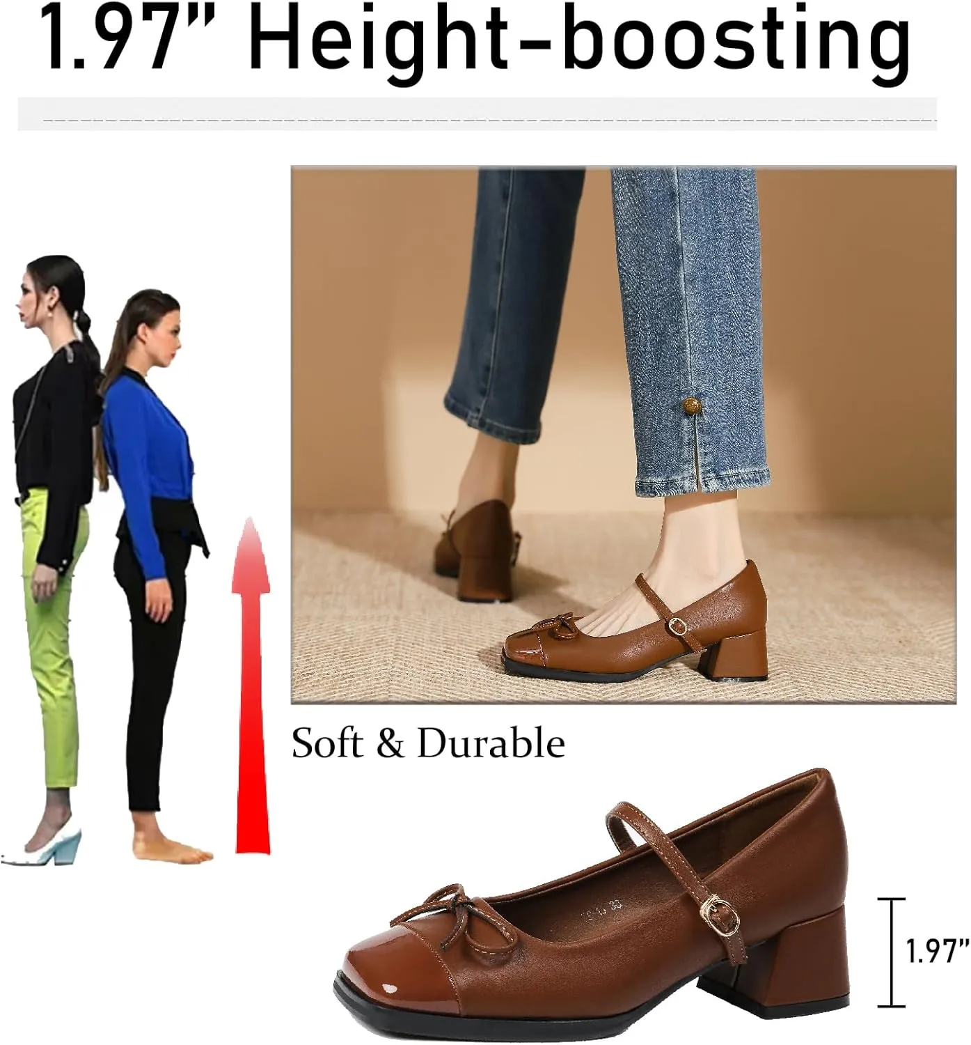 Women's Bow Square Toe Mary Janes Chunky Heel Pumps with Adjust Buckle Strap Fashion Splice Leather Comfortable Closed Toe Mid Heels Dress Shoes for Party Dating Prom Evening