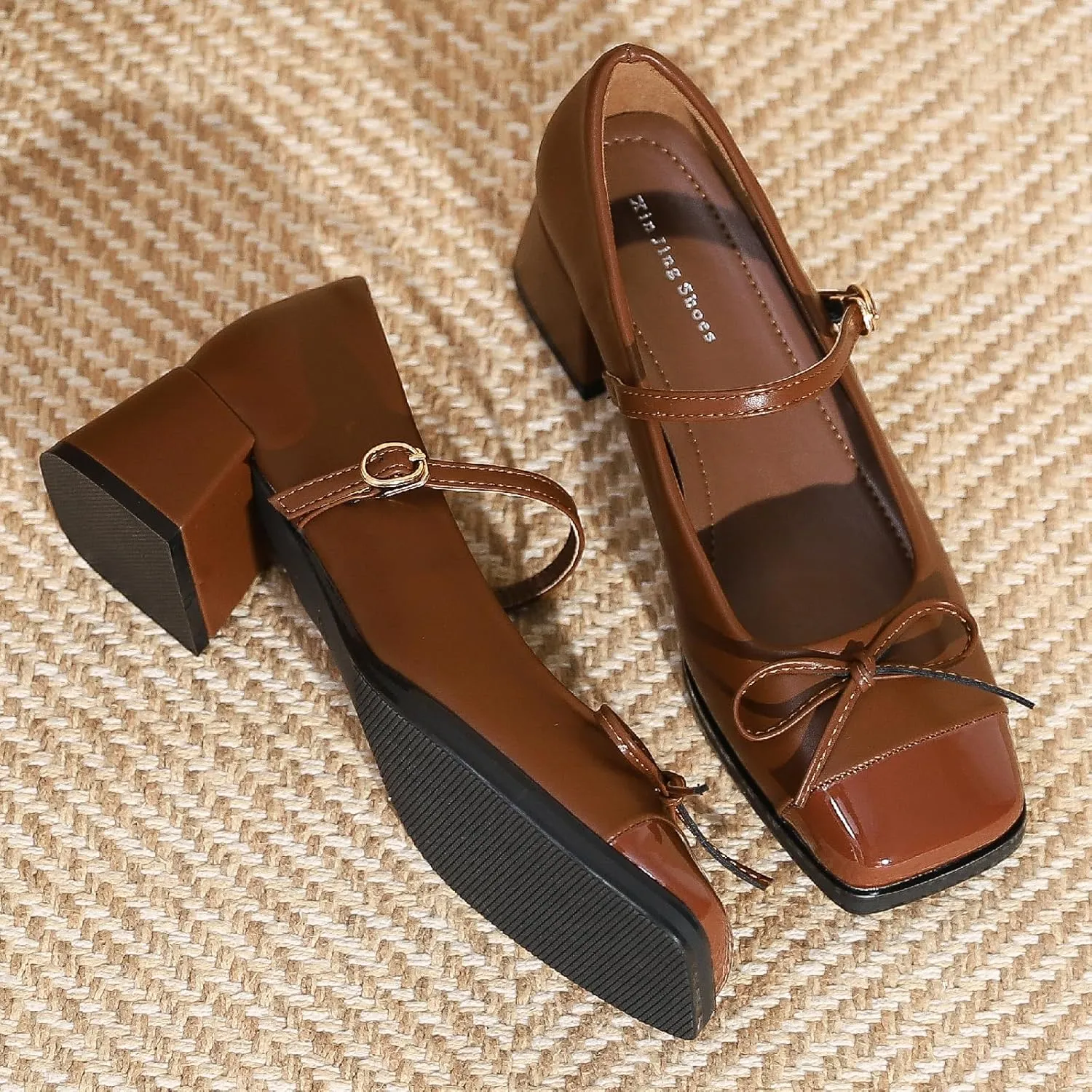 Women's Bow Square Toe Mary Janes Chunky Heel Pumps with Adjust Buckle Strap Fashion Splice Leather Comfortable Closed Toe Mid Heels Dress Shoes for Party Dating Prom Evening