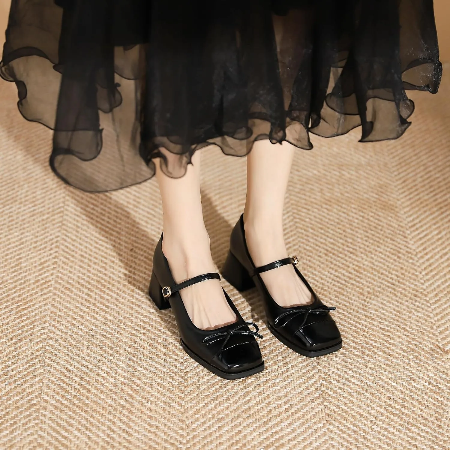 Women's Bow Square Toe Mary Janes Chunky Heel Pumps with Adjust Buckle Strap Fashion Splice Leather Comfortable Closed Toe Mid Heels Dress Shoes for Party Dating Prom Evening