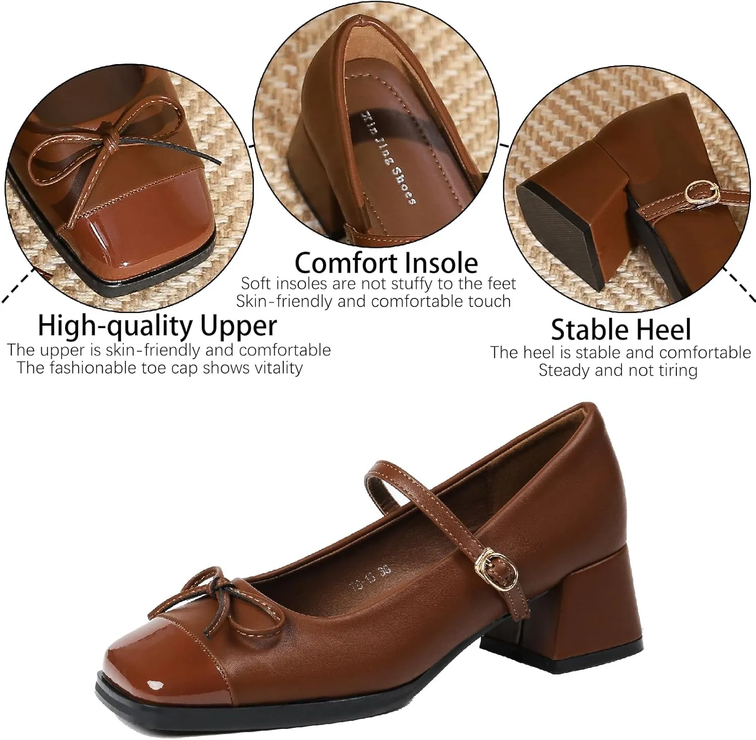 Women's Bow Square Toe Mary Janes Chunky Heel Pumps with Adjust Buckle Strap Fashion Splice Leather Comfortable Closed Toe Mid Heels Dress Shoes for Party Dating Prom Evening