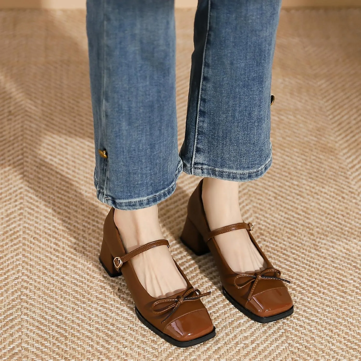 Women's Bow Square Toe Mary Janes Chunky Heel Pumps with Adjust Buckle Strap Fashion Splice Leather Comfortable Closed Toe Mid Heels Dress Shoes for Party Dating Prom Evening