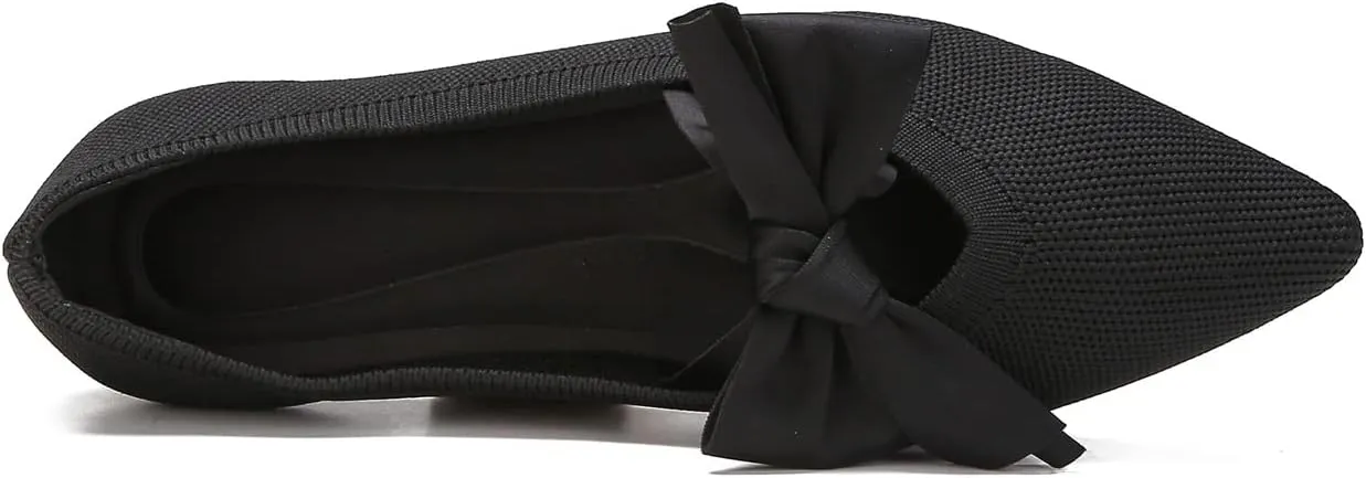 Women's Breathable Mesh Knit Ballet Flats Bow Pointed Toe Comfortable Slip On Shoes