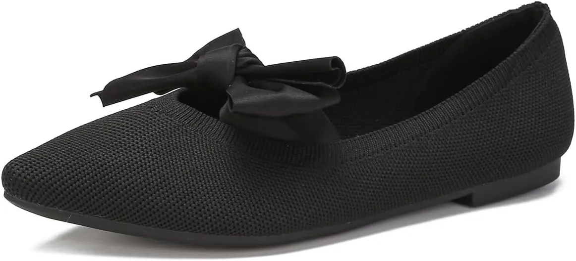 Women's Breathable Mesh Knit Ballet Flats Bow Pointed Toe Comfortable Slip On Shoes